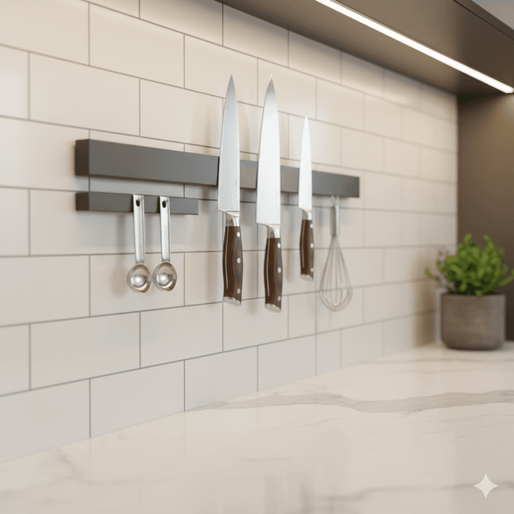 Faca de chef e outras facas de cozinha presas a uma barra magnética em uma parede de azulejos claros, liberando espaço na bancada.
