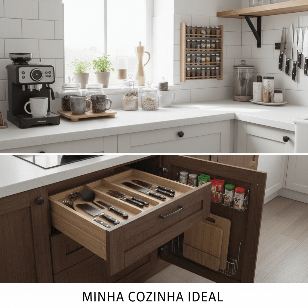 Organizadores aramados em níveis para aproveitar a altura dos armários em cozinhas compactas.