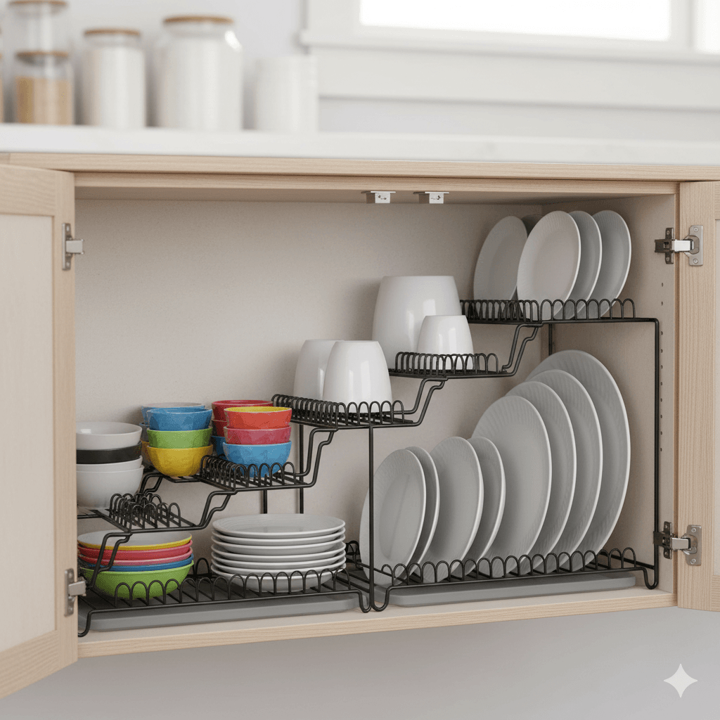 Armário de cozinha aberto com organizadores de pratos em metal preto, maximizando o espaço e mostrando pratos brancos e tigelas coloridas.