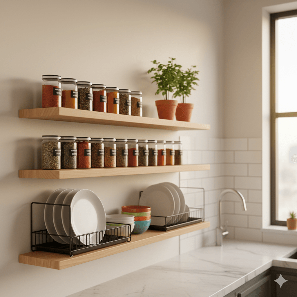 Prateleiras flutuantes de madeira clara com potes de temperos e algumas plantas pequenas em uma cozinha moderna e organizada.