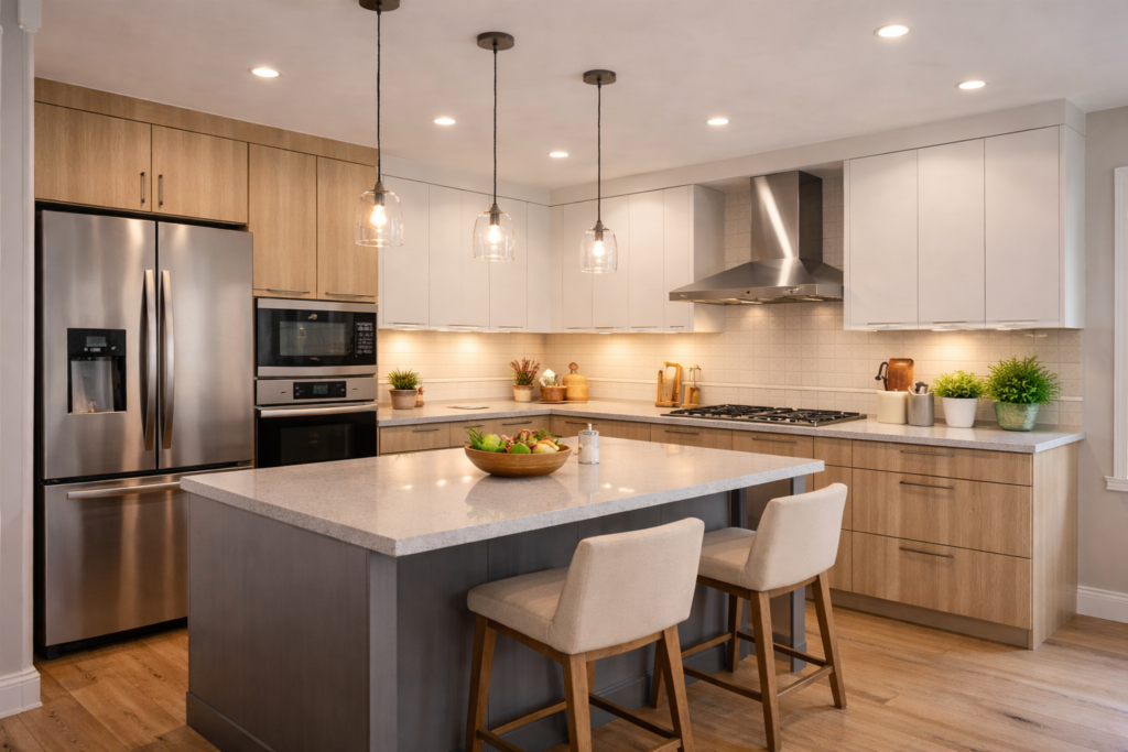 Cozinha moderna e bem iluminada, com armários planejados, bancada ampla e utensílios organizados, ambiente realista e aconchegante.