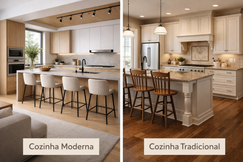 Antes e depois de cozinha moderna transformada em espaço funcional