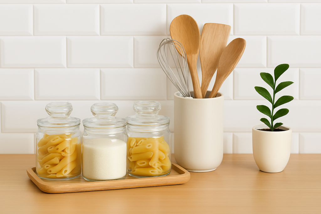 Bancada de cozinha pequena com três potes decorativos de vidro alinhados em bandeja discreta ao lado de planta verde.
