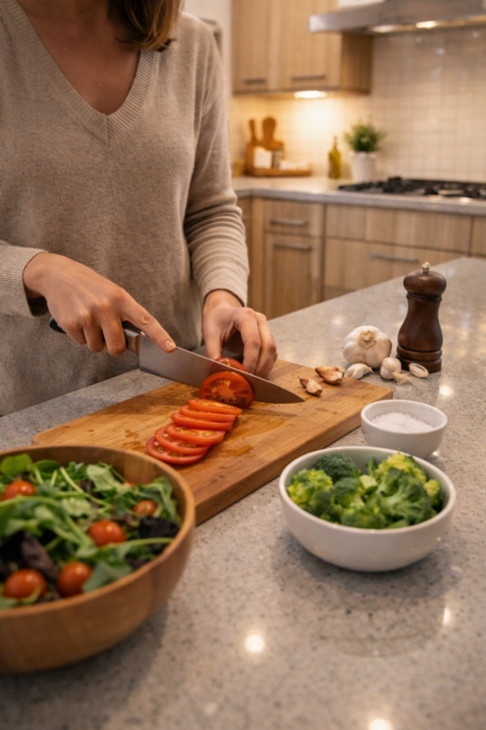 Bancada de cozinha planejada em mármore com utensílios organizados