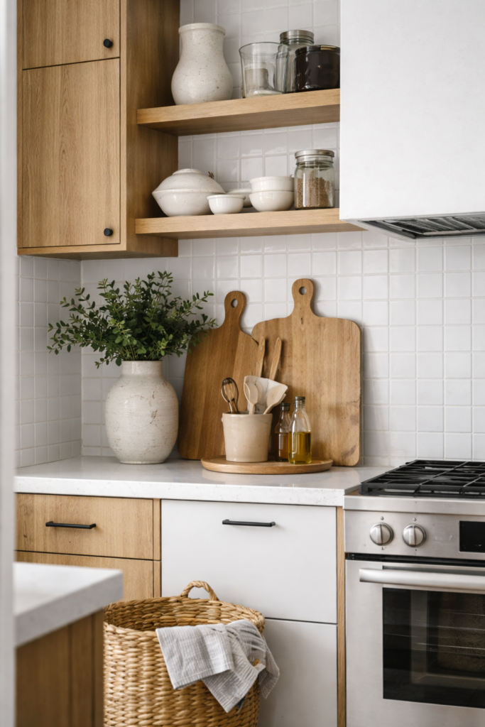 Canto de cozinha escandinava contemporânea com tábuas de madeira, utensílios organizados e plantas naturais sobre bancada branca.