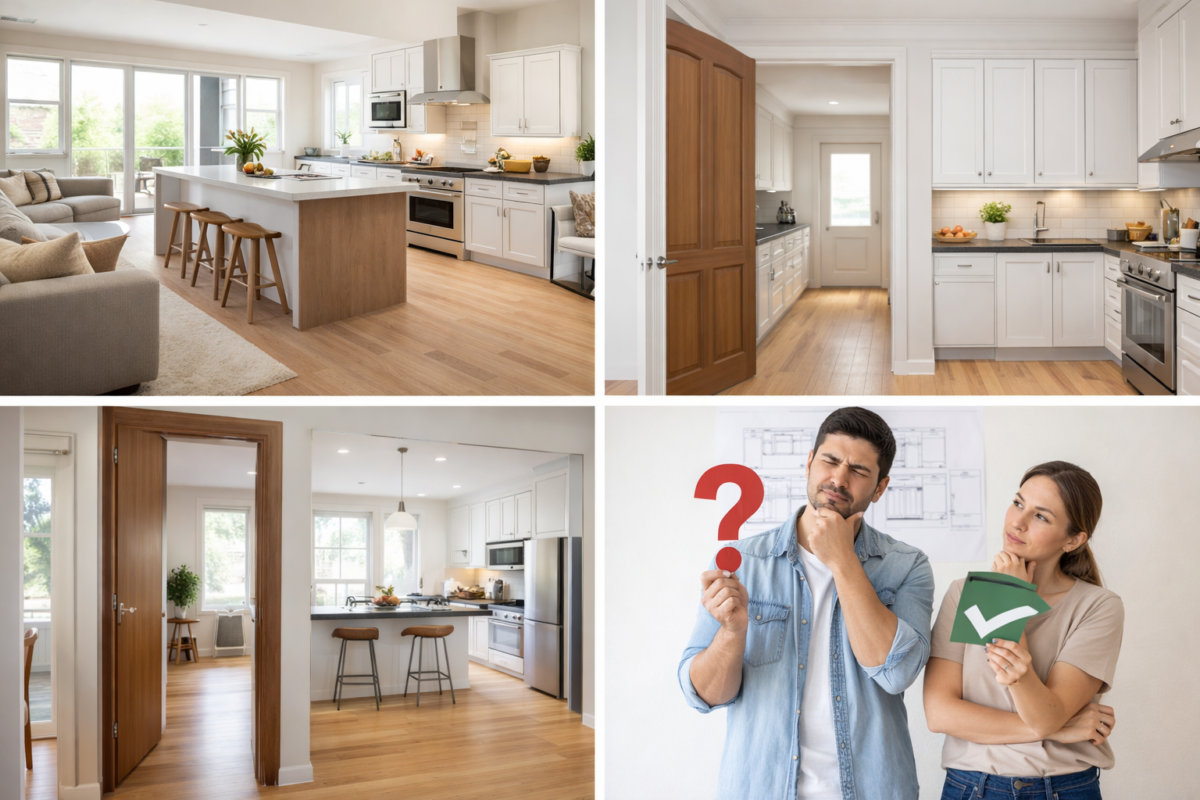 Comparação entre cozinha aberta moderna e cozinha fechada tradicional, mostrando diferenças de espaço e luminosidade