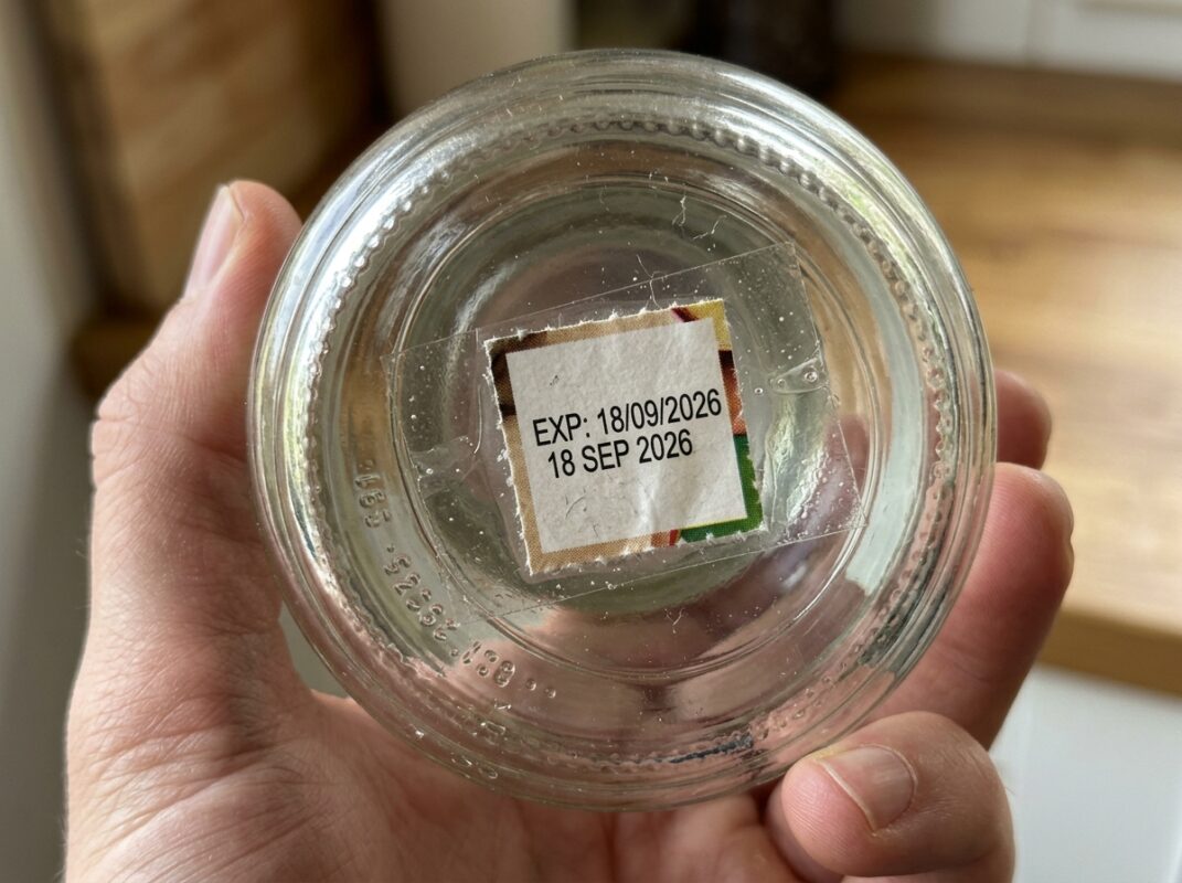 Detalhe aproximado do fundo de um pote de vidro com a data de validade original colada com fita adesiva transparente.