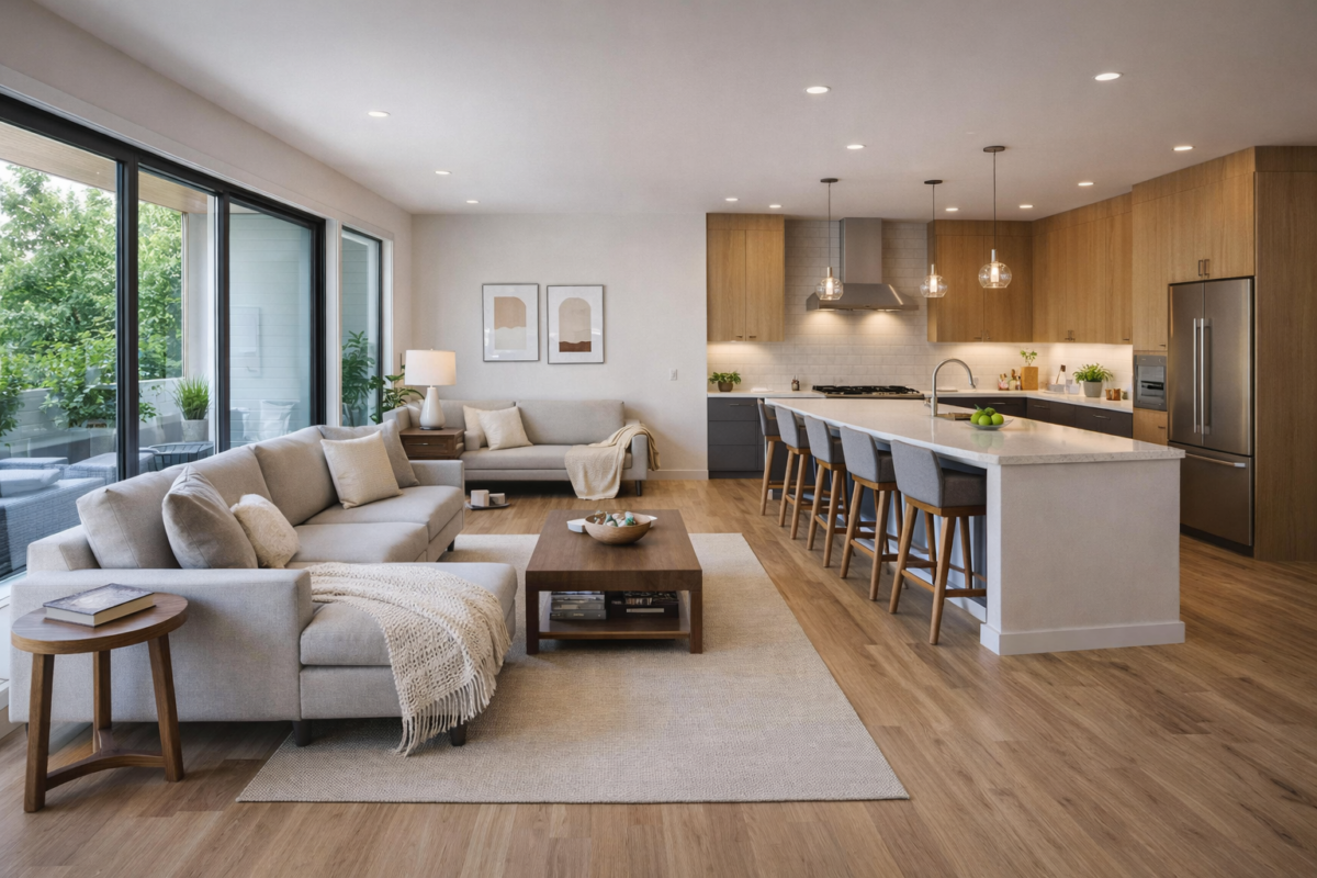 Cozinha aberta com ilha central e bancos altos, perfeita para interação com a sala