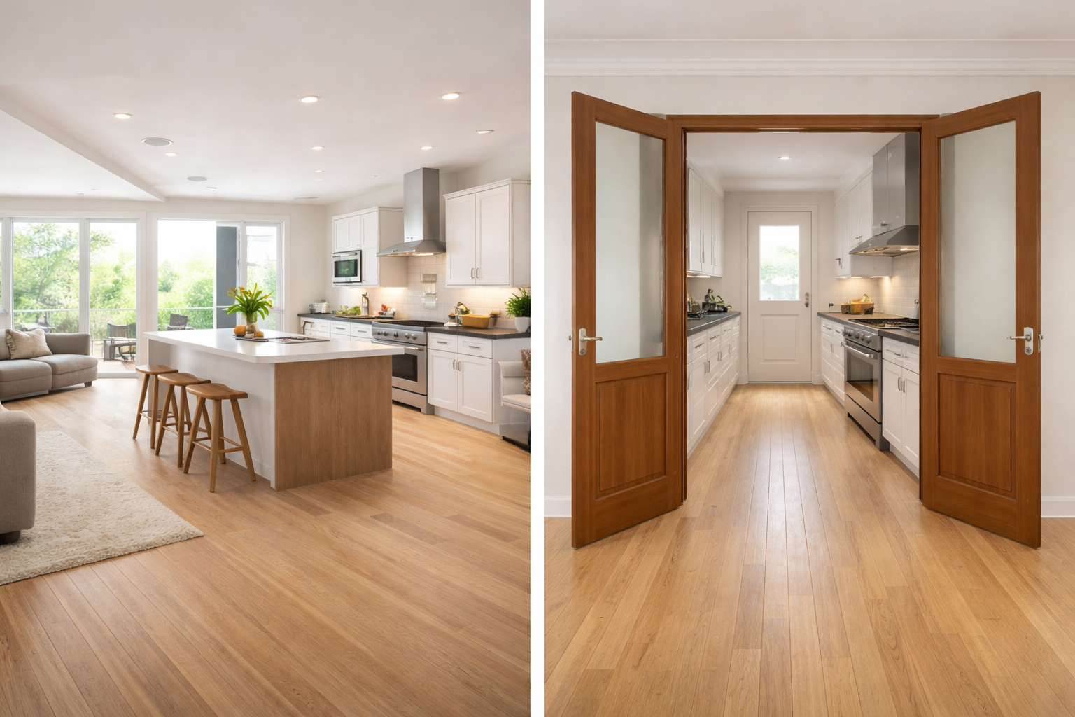 Cozinha aberta integrada à sala de estar com bancada central moderna e decoração contemporânea