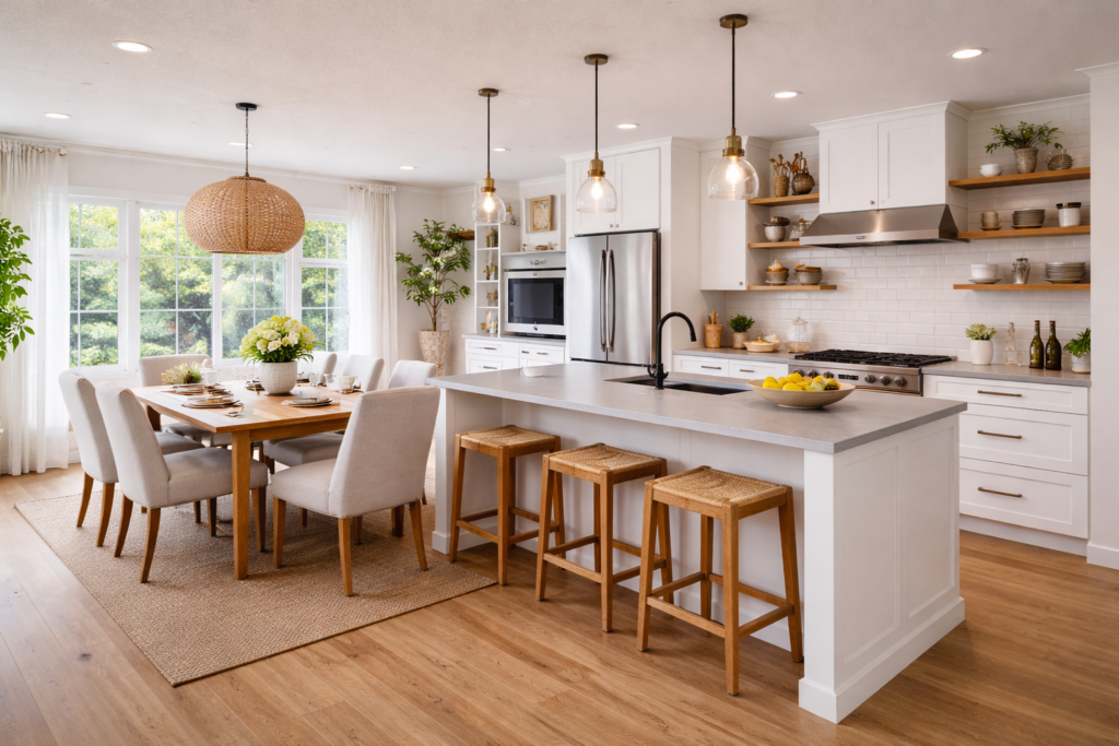 Cozinha americana moderna integrada à sala com ilha central e iluminação pendente