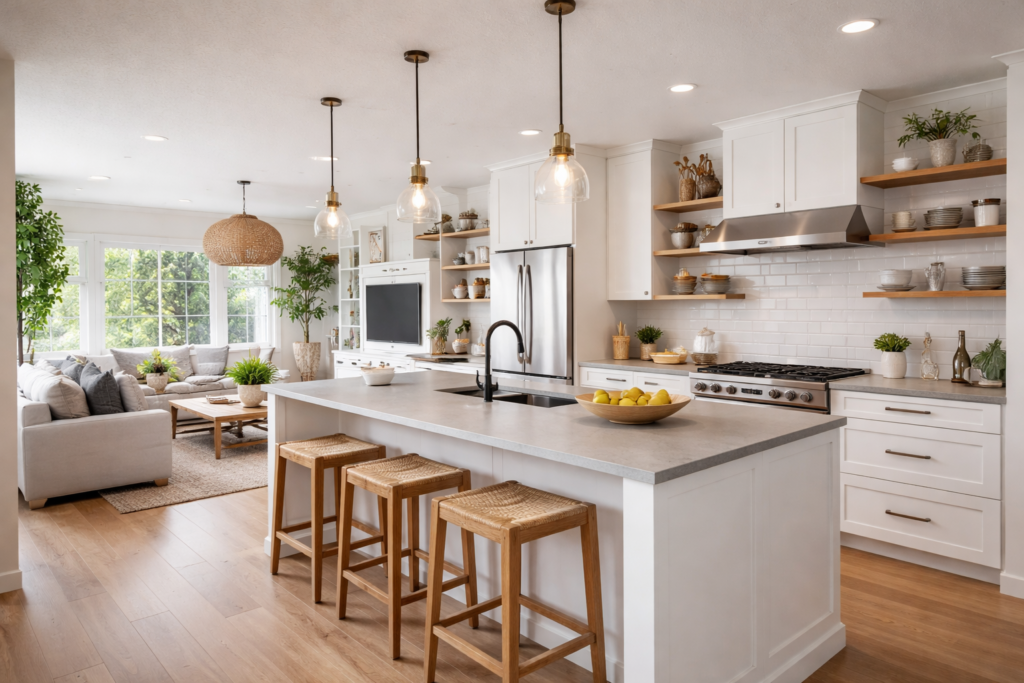 Cozinha americana com bancada funcional separando sala e cozinha em apartamento compacto.