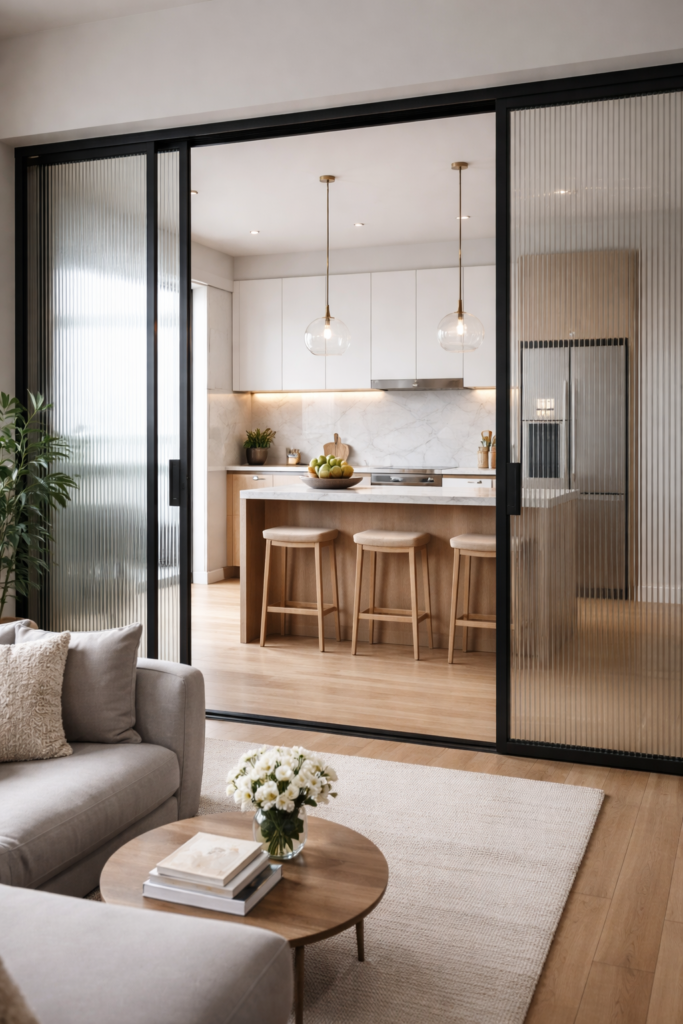 Cozinha americana com porta de vidro deslizante permitindo integração e isolamento do ambiente.