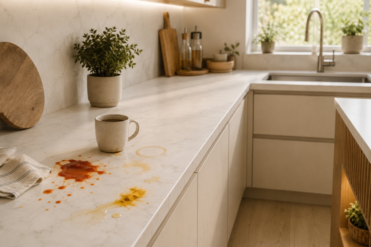 Cozinha clara moderna com manchas de molho, café e açafrão na bancada clara, decoração com madeira, plantas e iluminação quente