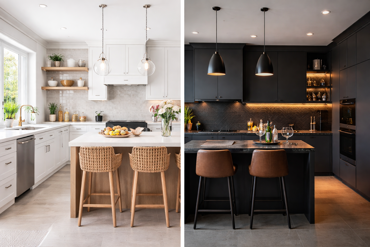 Comparação entre cozinha clara e cozinha escura moderna lado a lado com iluminação planejada