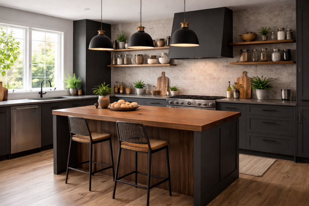 Cozinha contemporânea escandinava estilo industrial moderno com armários escuros e ilha de madeira