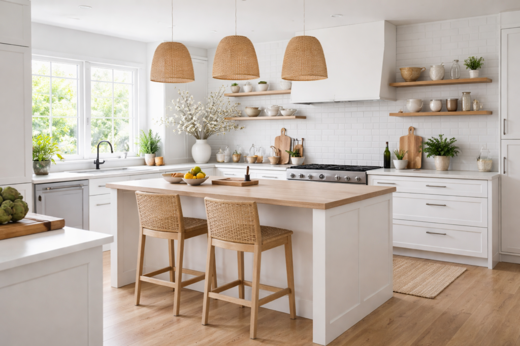Cozinha contemporânea escandinava com armários brancos, ilha central em madeira clara e iluminação natural abundante.