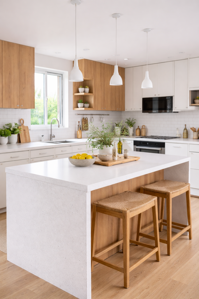 Cozinha escandinava planejada com armários brancos e detalhes em madeira clara