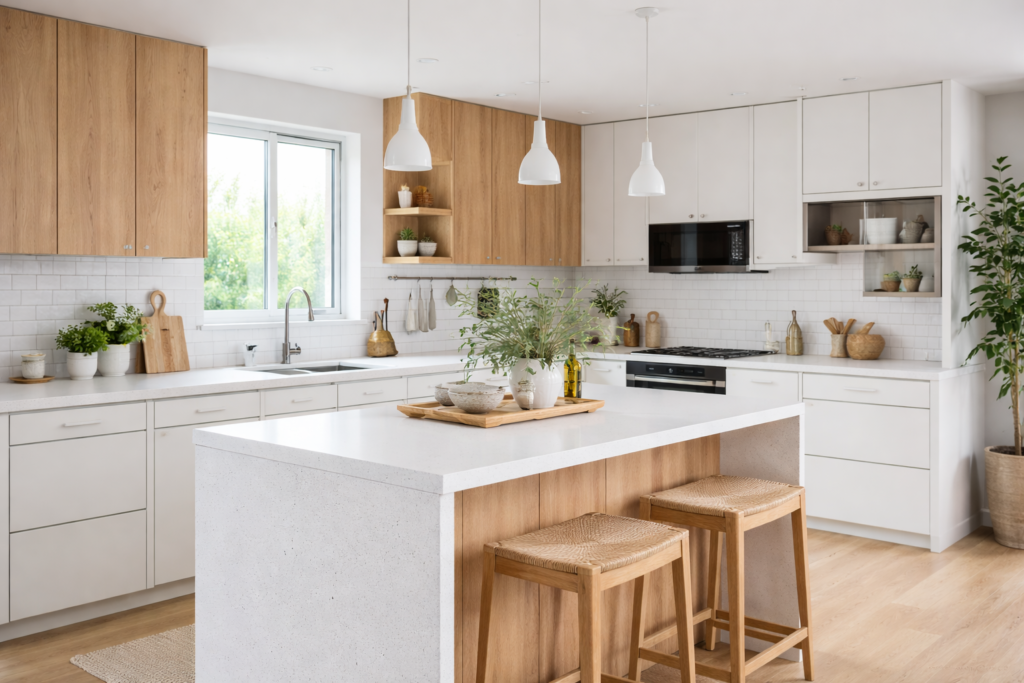 Cozinha escandinava planejada moderna com ilha branca e armários em madeira clara
