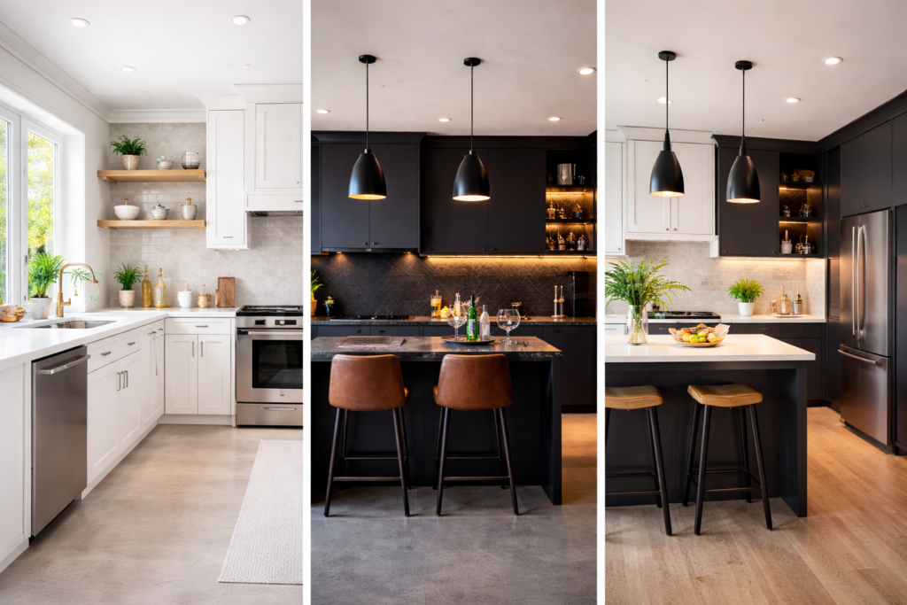 Cozinha moderna com combinação de armários claros e escuros