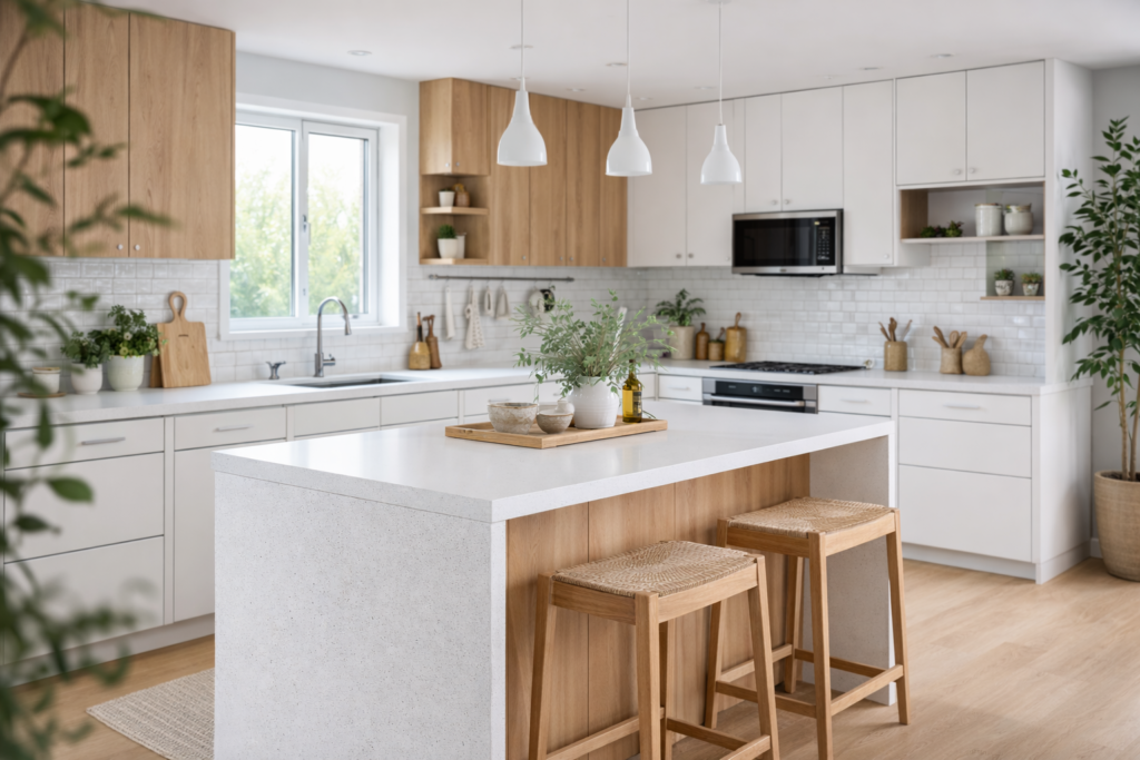 Bancada branca em cozinha moderna escandinava com banquetas em madeira