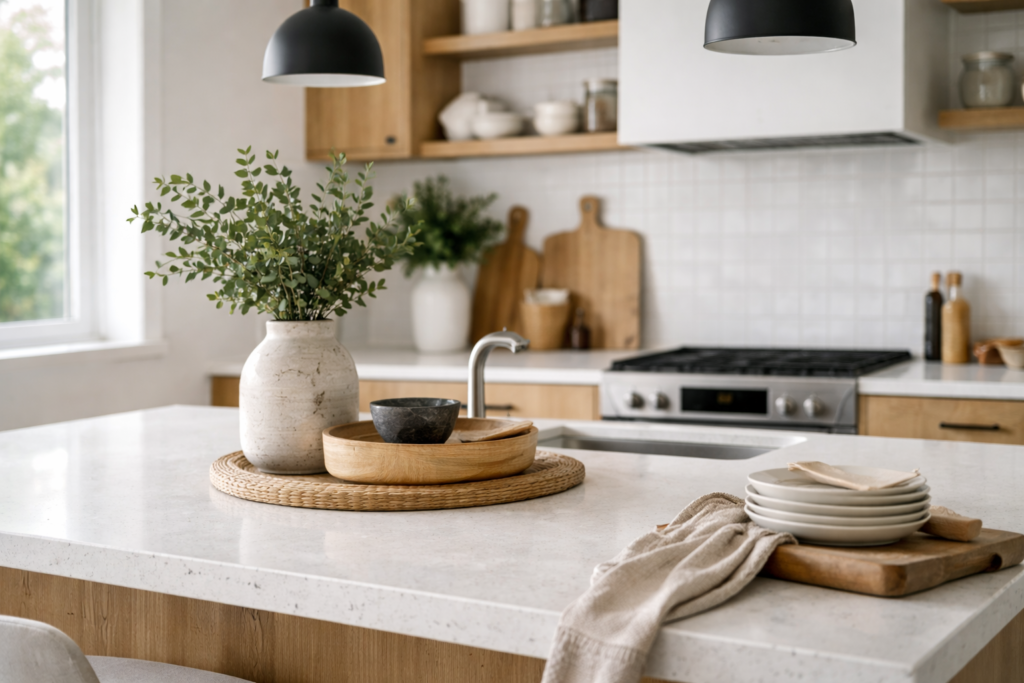 Cozinha moderna contemporânea com influência escandinava, ilha central em madeira clara, bancada branca e iluminação pendente preta.