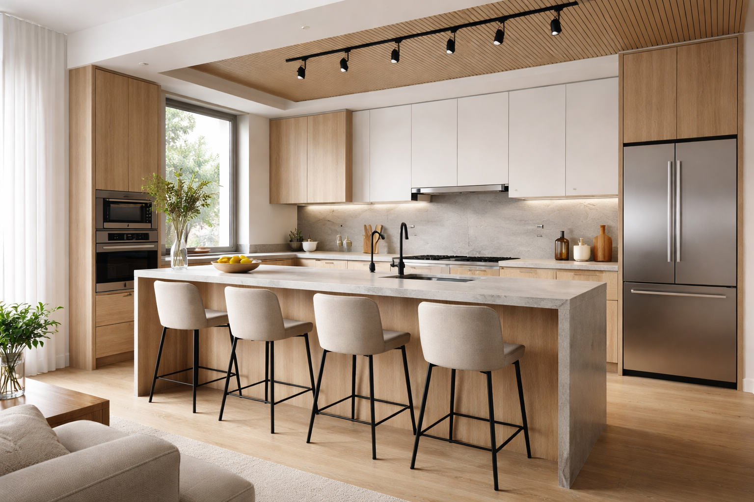 Cozinha moderna funcional integrada com sala no dia a dia