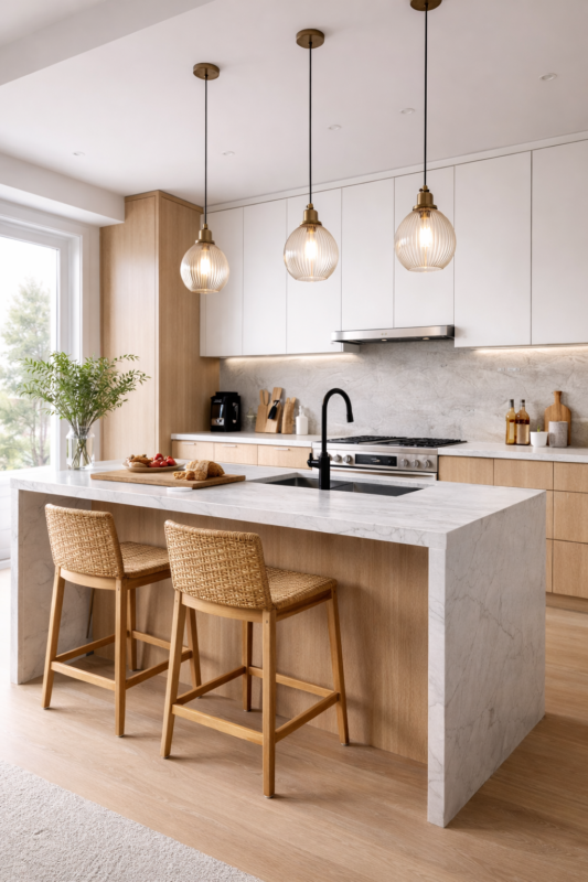 Cozinha moderna organizada com armários planejados e bancada funcional