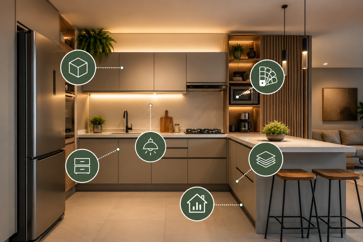 Cozinha planejada moderna com móveis sob medida, iluminação embutida e aproveitamento inteligente do espaço