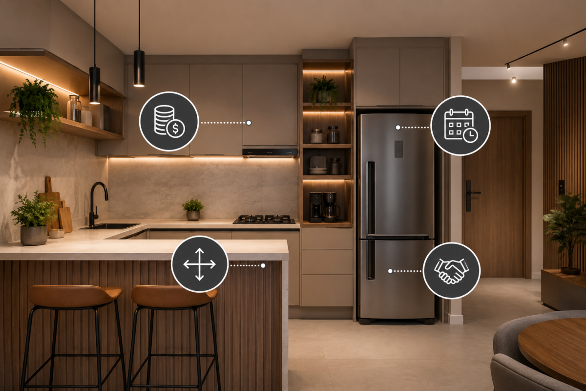 Cozinha planejada moderna mostrando desafios como custo elevado, prazo de instalação e menor flexibilidade