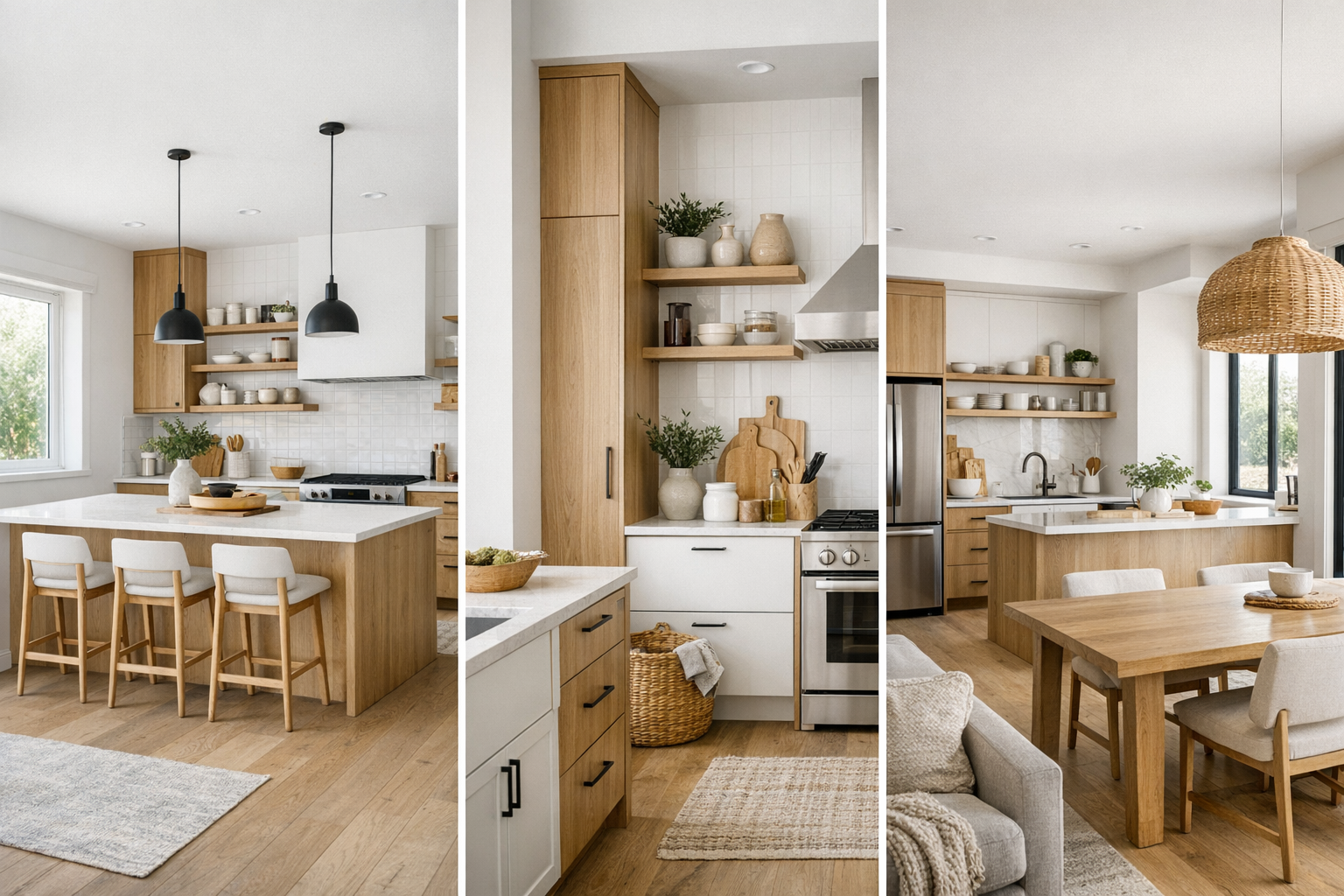 Detalhe de cozinha escandinava moderna com armários em madeira clara, prateleiras abertas e revestimento branco tipo subway tile.