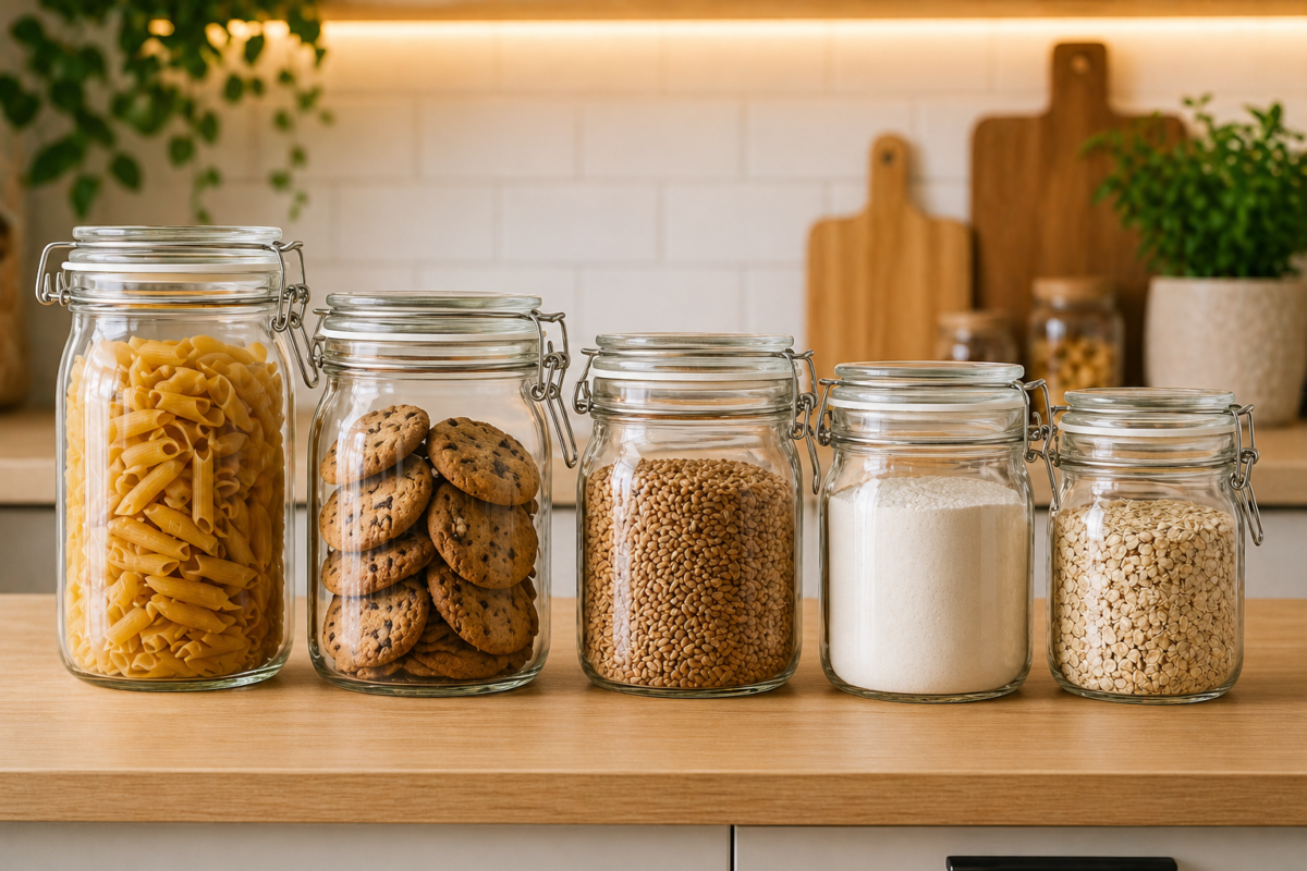 Frascos herméticos com fecho metálico organizando massas, biscoitos e grãos em cozinha moderna