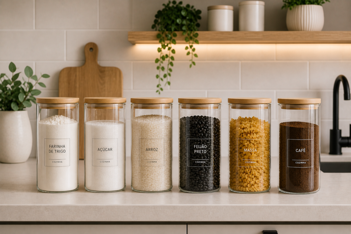 Frascos minimalistas com etiquetas transparentes organizando mantimentos em cozinha moderna
