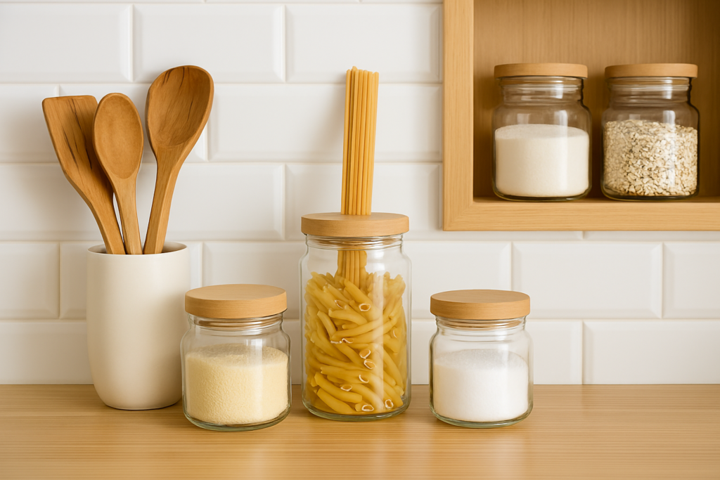 Gaveta de cozinha pequena organizada com potes empilháveis transparentes e etiquetas discretas para mantimentos.