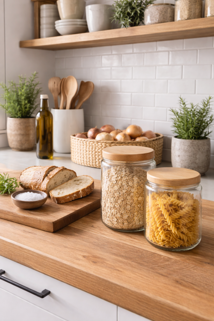 Materiais naturais na cozinha escandinava com bancada de madeira e potes de vidro organizados