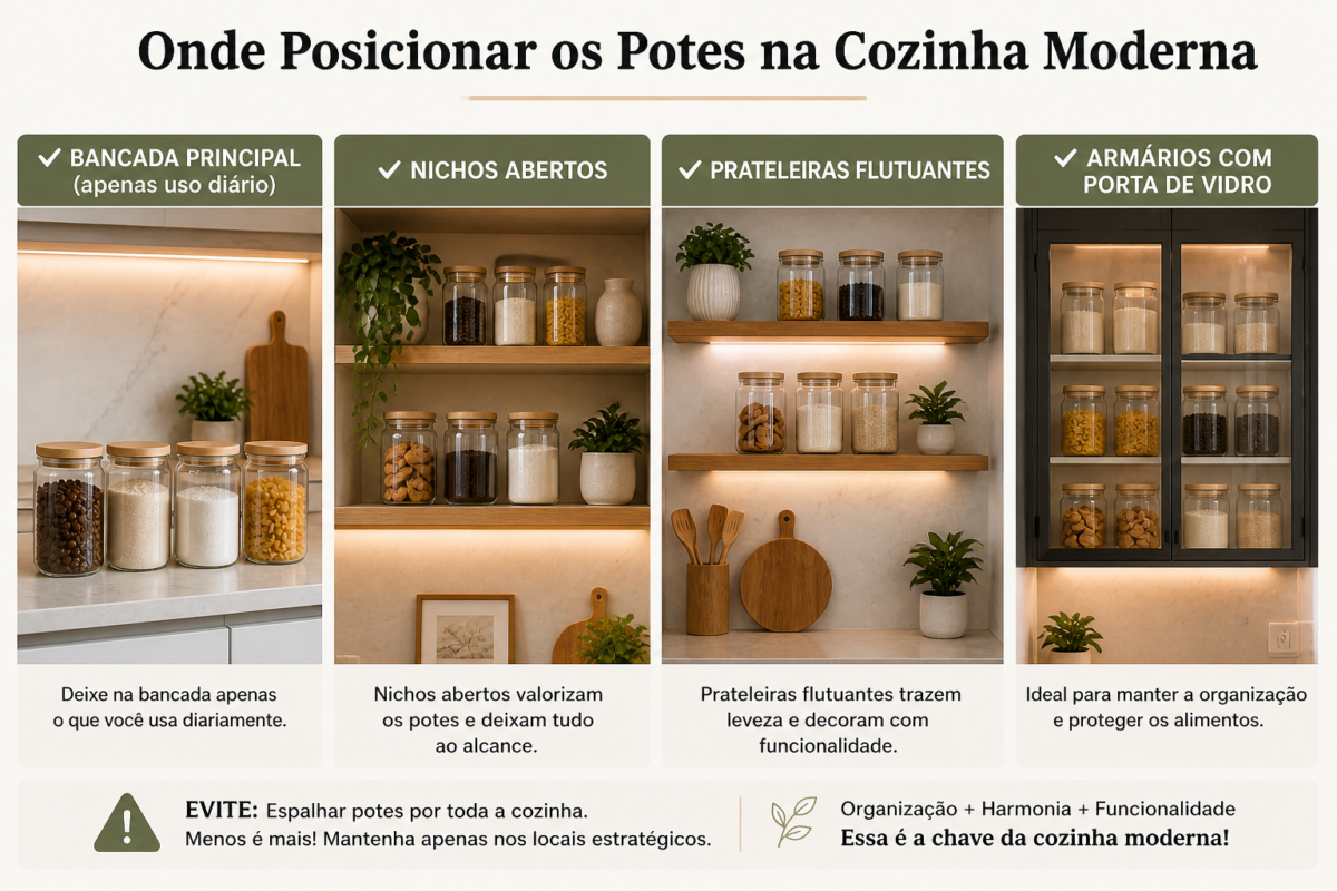 Infográfico mostrando onde posicionar potes na cozinha moderna como bancada nichos prateleiras e armários de vidro