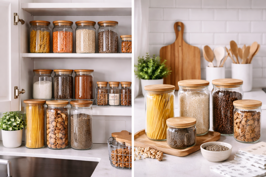 Potes decorativos na cozinha organizando mantimentos em armário e bancada com visual limpo