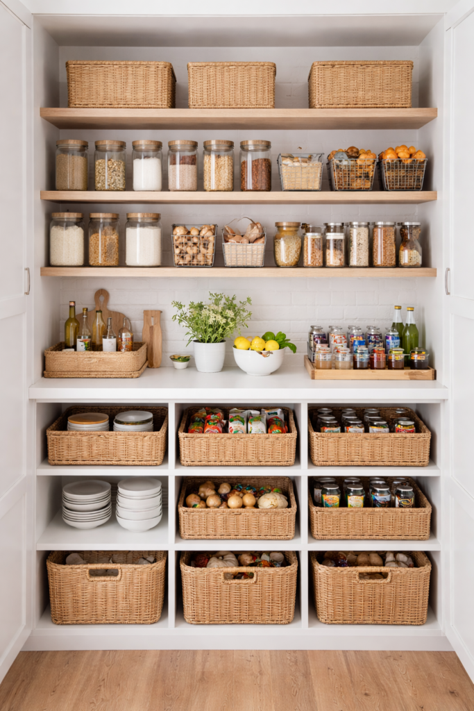 Organização de cozinha escandinava com prateleiras abertas, cestos de fibra natural e potes de vidro organizados