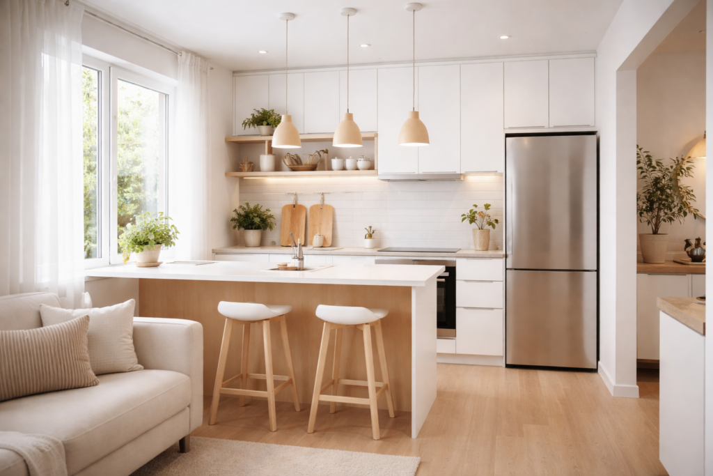 Cozinha pequena escandinava moderna integrada à sala com armários brancos, bancada clara e iluminação natural.