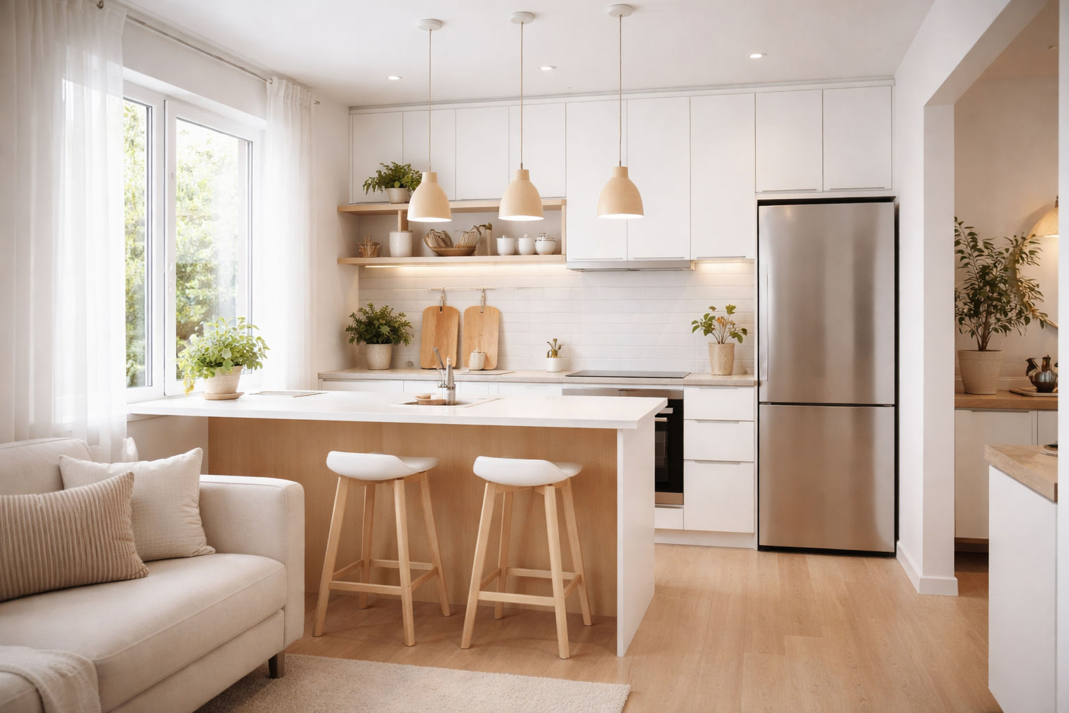 Cozinha pequena escandinava moderna integrada à sala com armários brancos, bancada clara e iluminação natural.