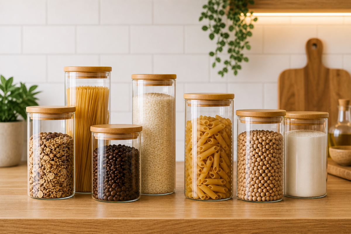 Potes de vidro com tampa de bambu organizando mantimentos em cozinha moderna minimalista
