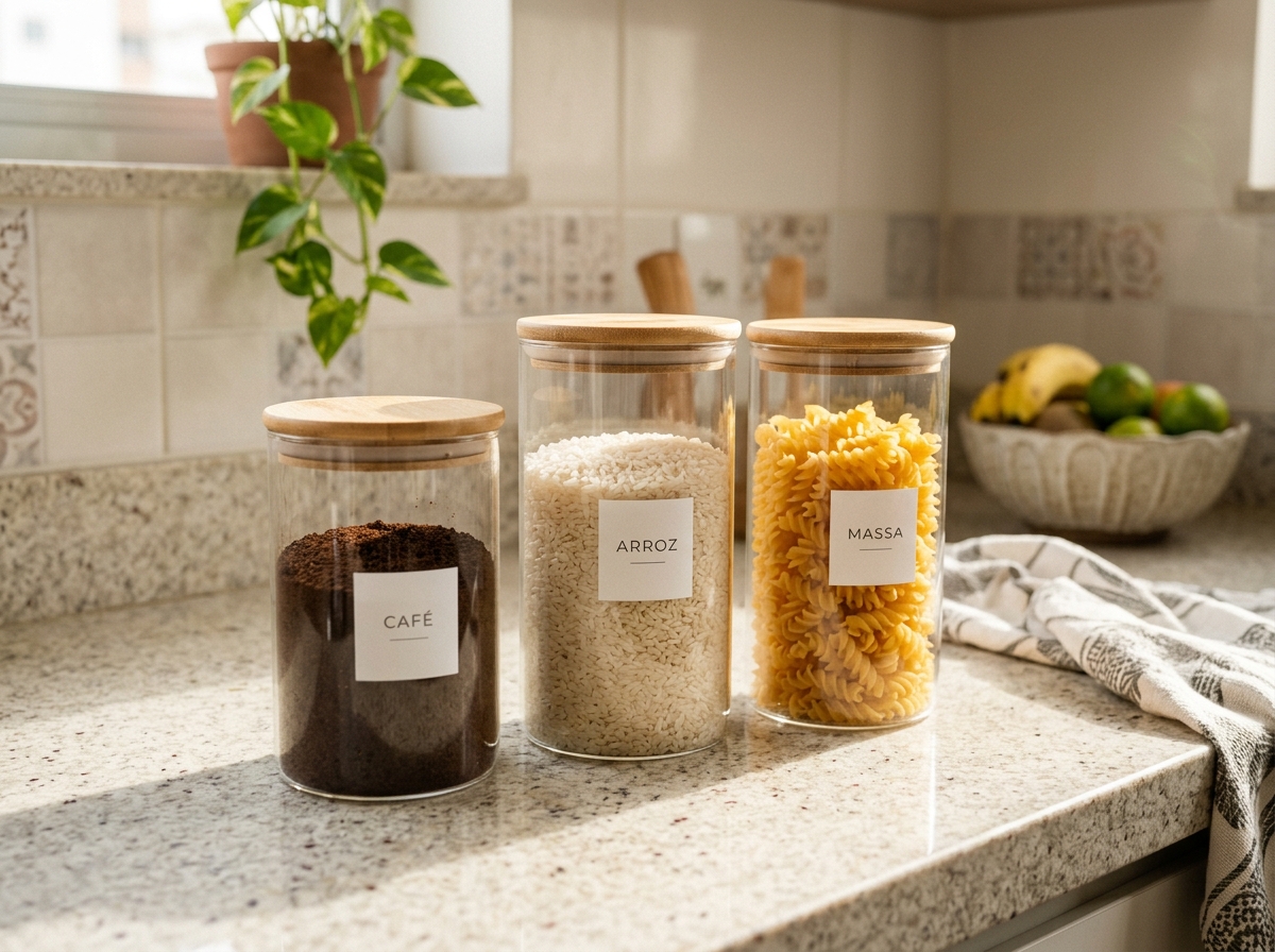 Conjunto de três potes de vidro com tampa de bambu organizados sobre bancada de cozinha moderna com luz natural.