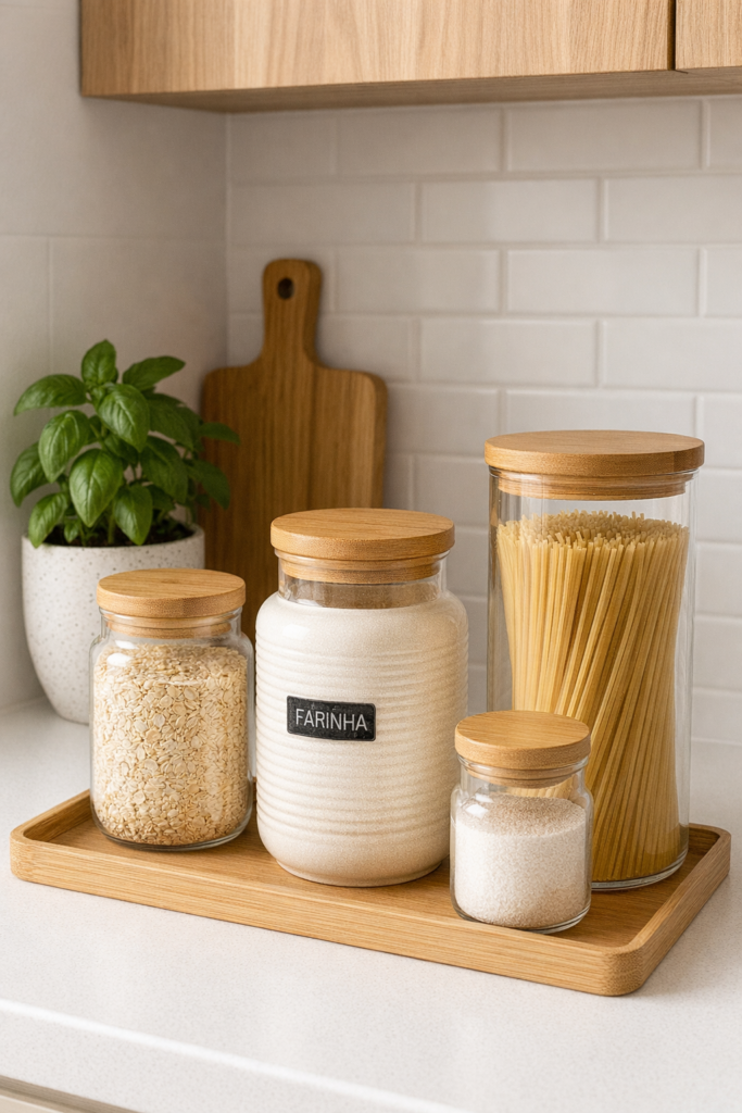 Potes decorativos para cozinha em cerâmica e vidro com tampa de bambu em estilo minimalista.