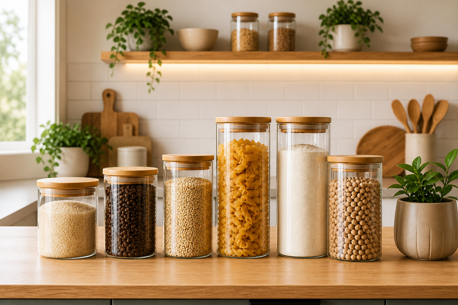 Potes decorativos de vidro organizando mantimentos em cozinha moderna e clean