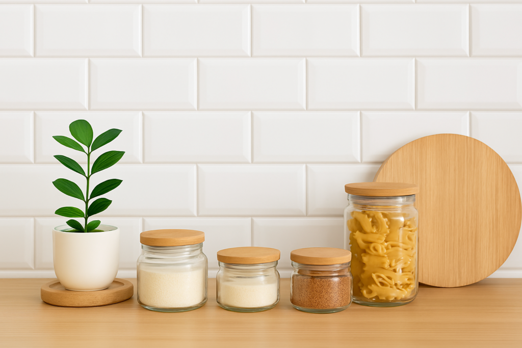 Bancada de cozinha pequena com potes de vidro e tampas de madeira, ao lado de planta decorativa e tábua de corte, em fundo de azulejos brancos.