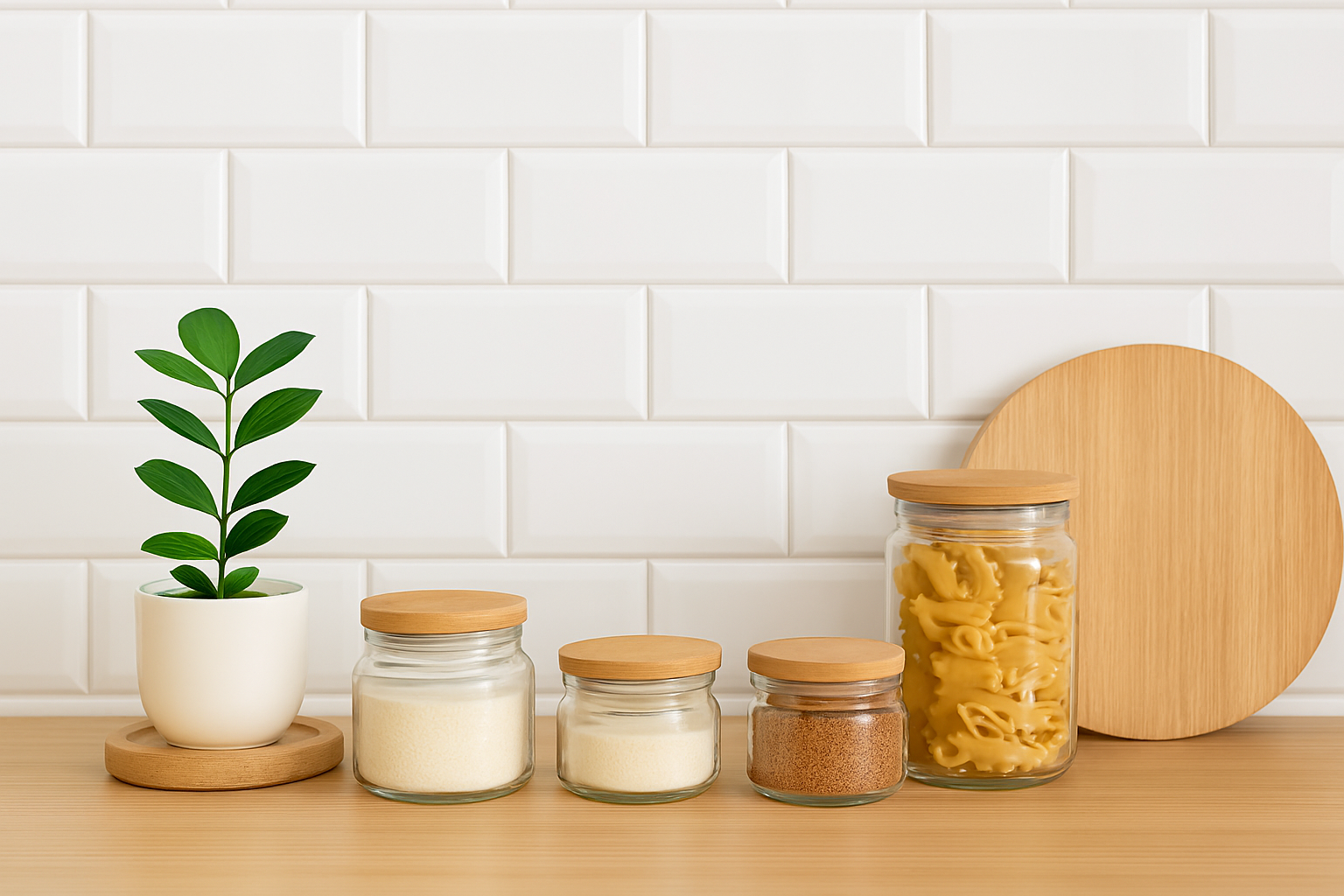 Bancada de cozinha pequena com potes de vidro e tampas de madeira, ao lado de planta decorativa e tábua de corte, em fundo de azulejos brancos.