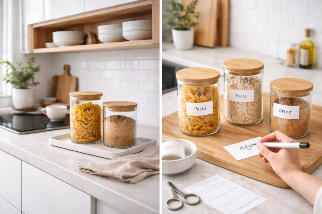 Potes decorativos na cozinha planejada organizados sobre bancada moderna com tampas de bambu e vidro transparente