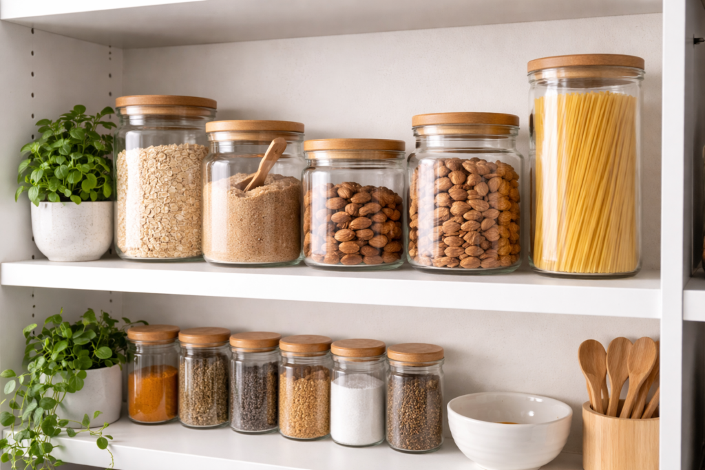 Potes decorativos para cozinha organizados em prateleira branca com tampas de bambu e mantimentos visíveis.