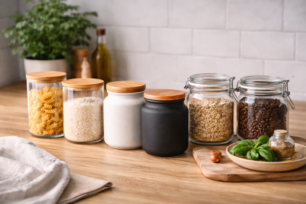 Potes decorativos na cozinha moderna organizados sobre bancada de madeira com frascos de vidro, cerâmica e tampas de bambu
