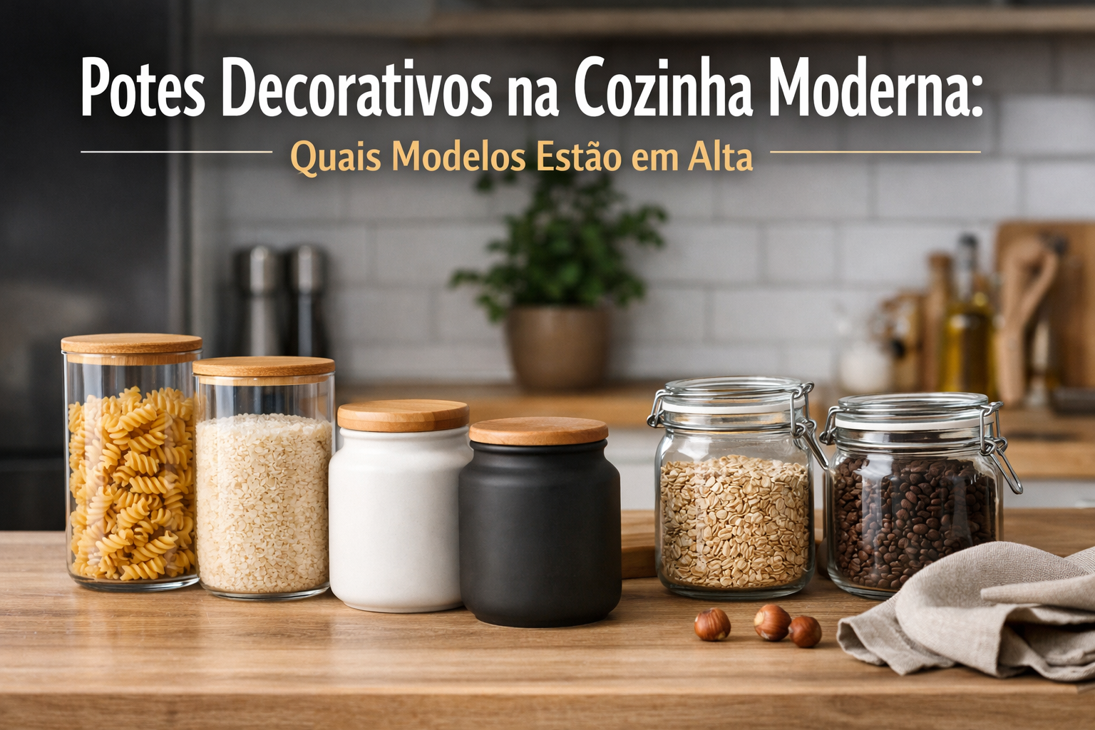 Potes decorativos na cozinha moderna com vidro transparente, cerâmica fosca e tampas de bambu organizando mantimentos sobre bancada de madeira