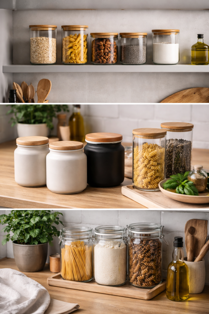 Potes decorativos na cozinha moderna organizados em prateleira com frascos de vidro e tampa de bambu